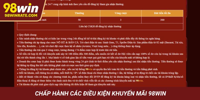 Chấp hành các điều kiện khuyến mãi 98Win